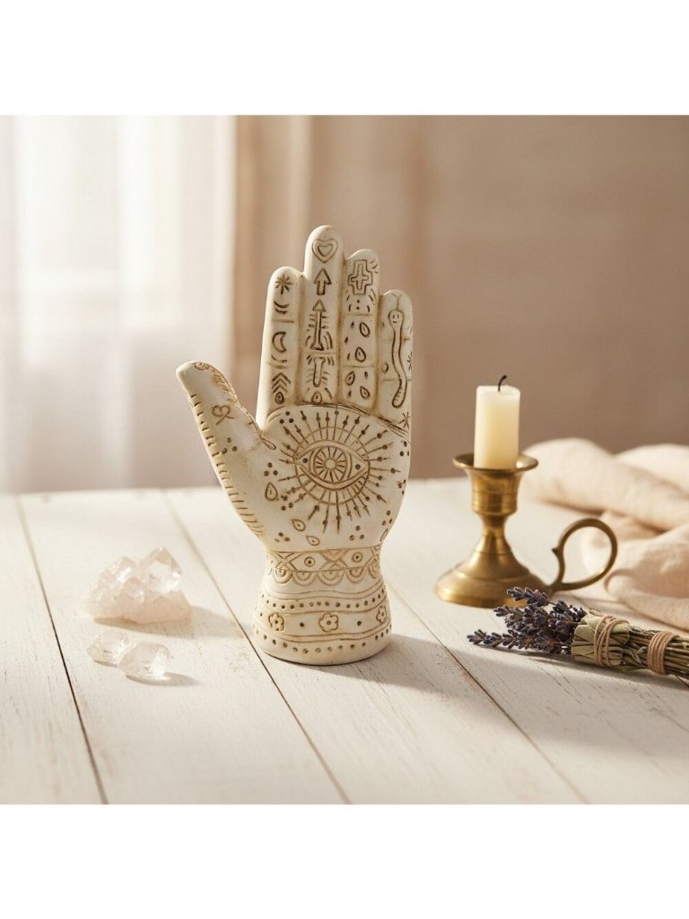 Palmistry Hand Sculpture With Intricate Engravings 5" Resin Display For Decor &